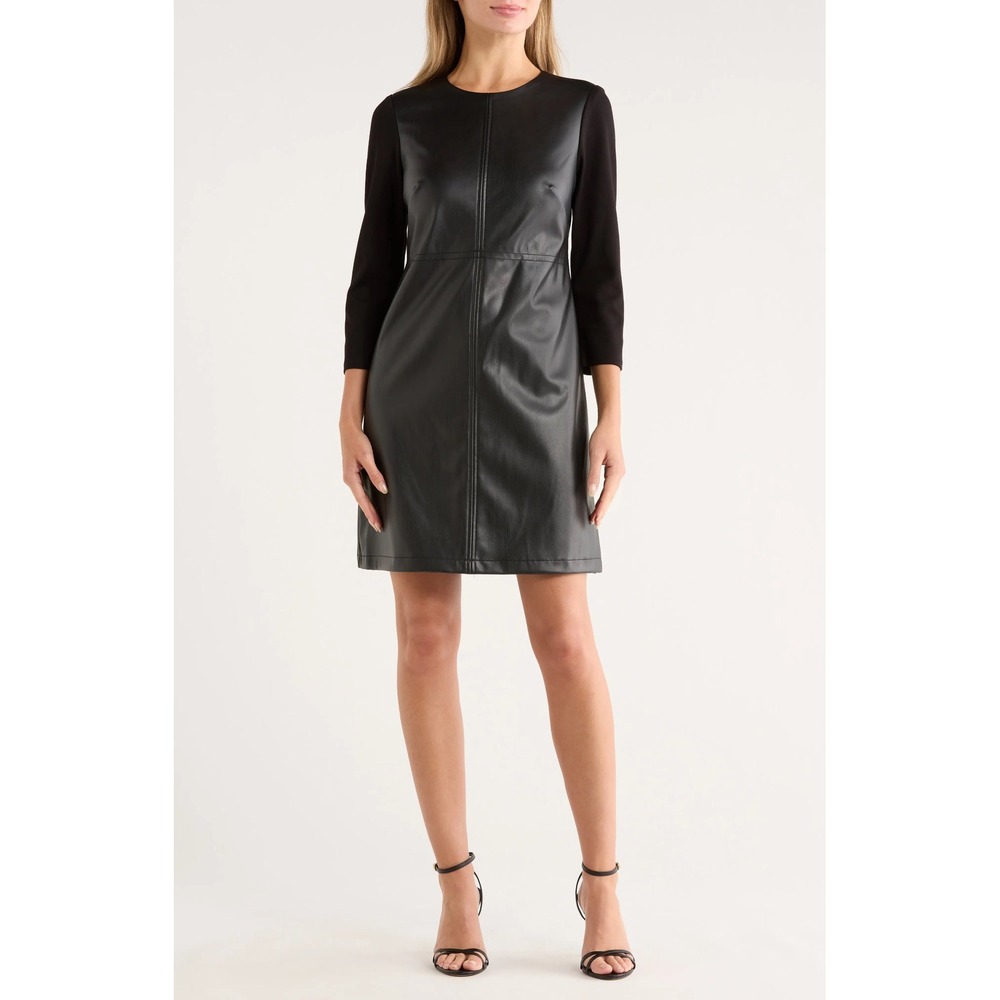 Eliza J Faux Leather Mixed Media Shift Dress Black 3/4 Sleeve Size 12